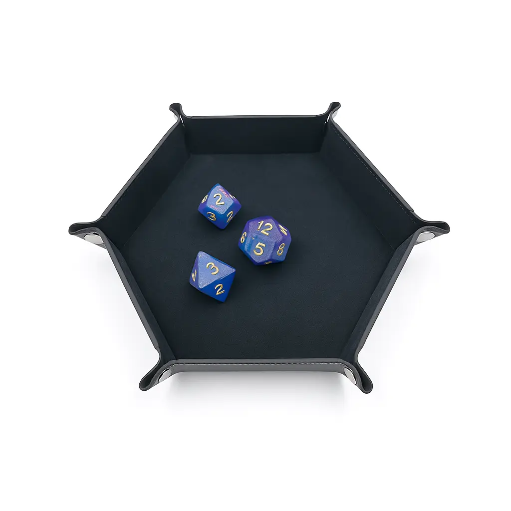 Składana taca na kości RPG i DND – sześciokątna, czarna z PU